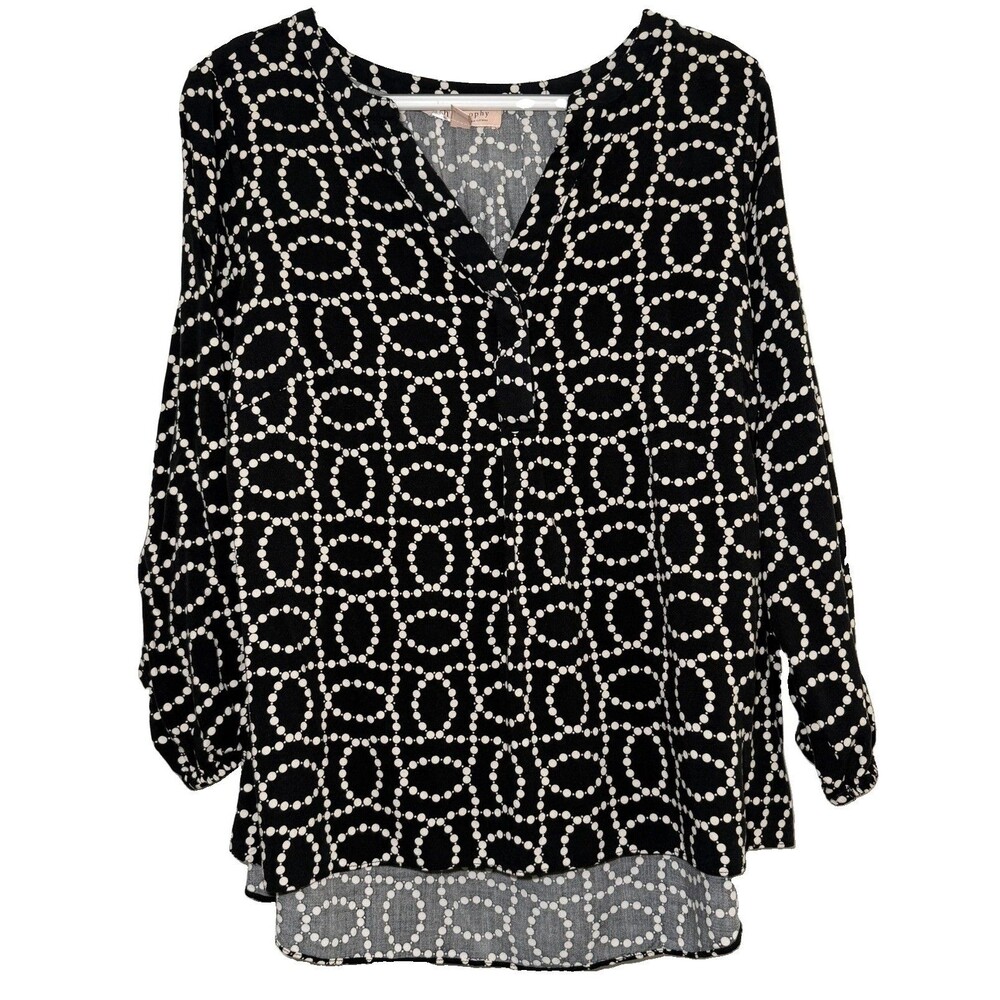 Philosophy Woman 1X Black Ivory Geometric Dot Viscose High Low 3/4 Sleeve Top